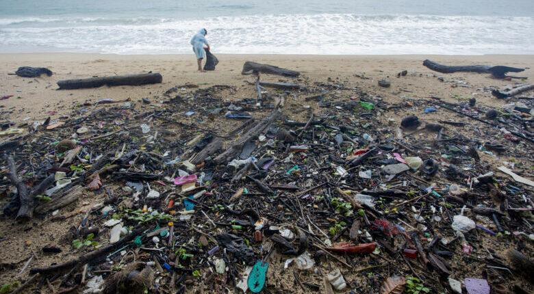 Des bénévoles de Green Peace nettoient la plage de Nai Yang, en Thaïlande, 2016 © Chanklang Kanthong / Greenpeace