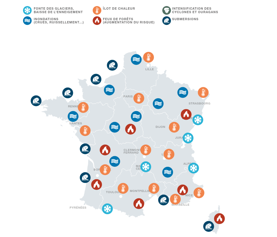 Les impacts du changement climatique en France. Carte du RAC